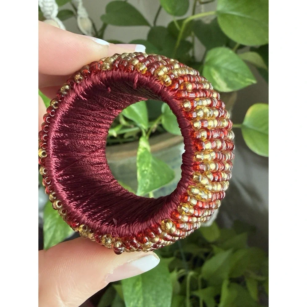Sparkling Burgundy Red Gold Seed Beaded Napkin Rings Set of 12 Holiday Christmas